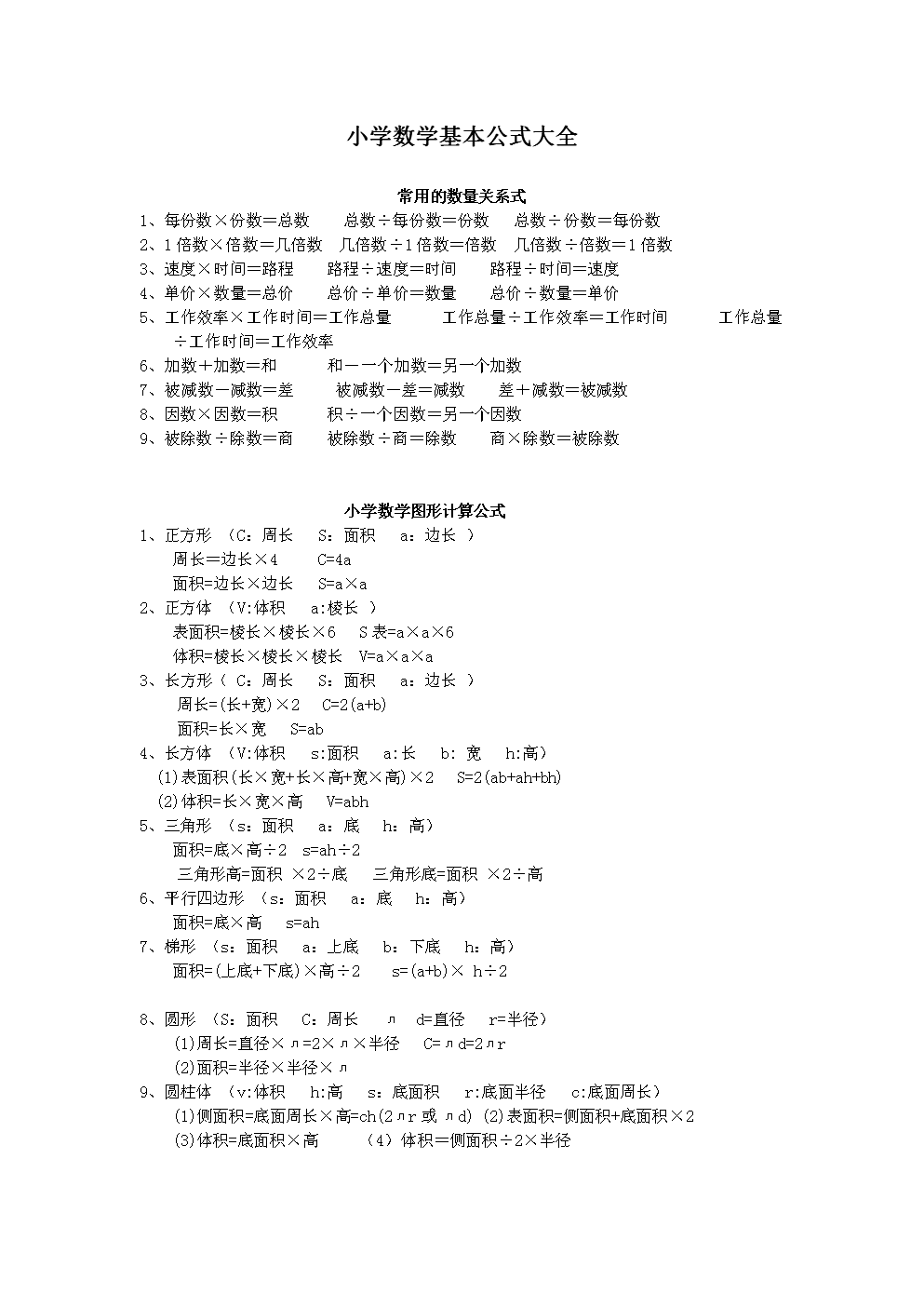 小学数学公式大全完整版可打印免费_小学数学公式大全打印